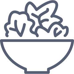 Simple Line Art Icon of a Salad Bowl Filled with Leafy Greens on a Transparent Background