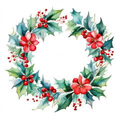 Christmas wreath for door and interior decoration for Merry Christmas and happy new year. winter holidays. watercolor drawing. artificial intelligence generator, AI, neural network image. background f