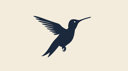 Minimalist dark blue hummingbird silhouette in flight against a plain light background