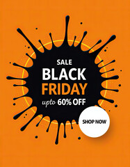 A vibrant orange background features a bold black splash design promoting a fantastic Black Friday Sale with big discounts.