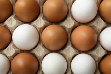 Many raw chicken eggs in carton, top view