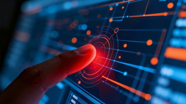 A finger interacts with a futuristic digital interface displaying data visualization and network connections.