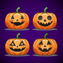 Cute 3D Pumpkin Faces Set for Halloween Celebration on Purple Background — Cartoon Jack O’ Lantern Vector Illustration