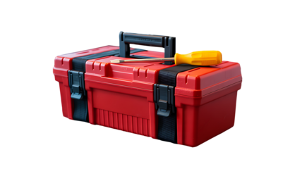 Red plastic toolbox with yellow screwdriver isolated on white background
