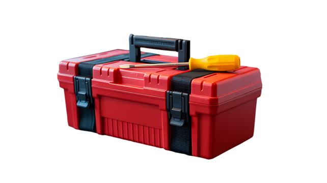 Red plastic toolbox with yellow screwdriver isolated on white background
