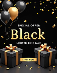 This special black and gold sale presentation features elegant gift boxes, balloons, and confetti for a limited time offer.
