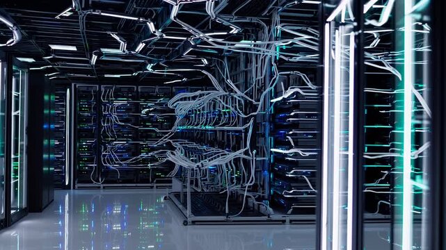 The data center features multiple server racks with server lights illuminating the room. Cables connect the server units, providing structured paths for data transfer.