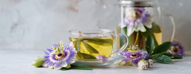 The Glass Teacup of Soothing Passionflower Tea with Fresh Blooms and Leaves