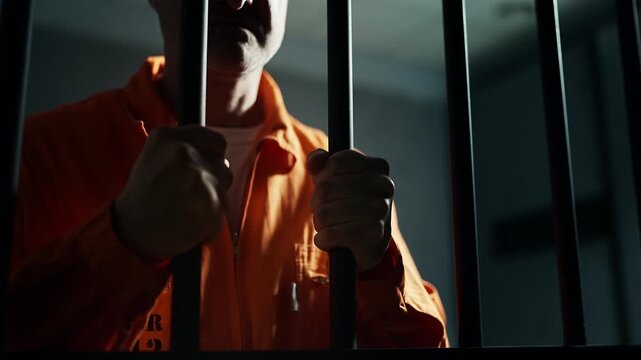 Convicted man in prison robe holding bars during solitary confinement punishment