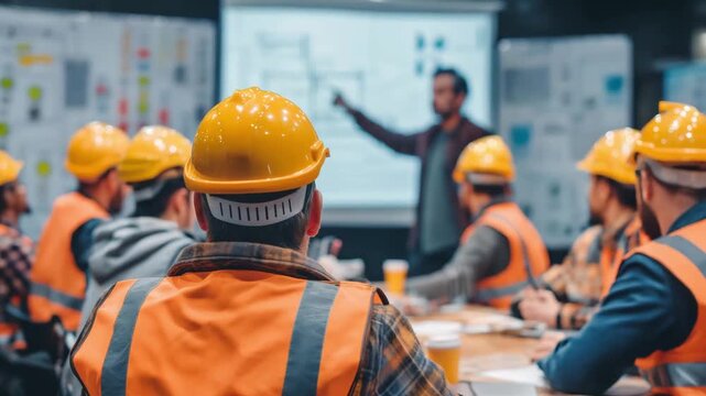 Workers in safety gear attentively listen as a presenter outlines construction project details and safety measures in a conference room