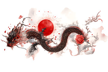 Asian Dragon with Red Sun and Ink Splashes &ndash; Traditional Ink Illustration with Symbolic Elements.
