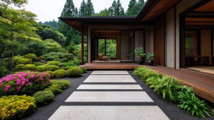 Fototapeta premium Heritage tea practice, A serene modern home blends with a lush garden, featuring stone pathways, vibrant flowers, and a peaceful atmosphere.