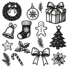 A collection of hand-drawn Christmas doodles including a Christmas tree, wreath, stocking, gift box, bell, bow, holly, gingerbread man, candy cane, star, and poinsettia. 