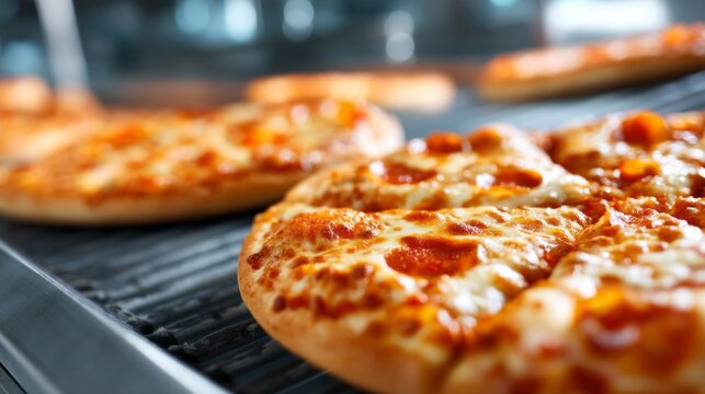 A conveyor belt showcases a variety of fresh, hot pizzas at a busy food preparation station. Cheesy goodness and crispy crusts attract hungry customers eager for a meal during peak hours
