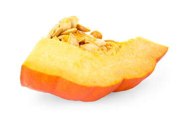 Piece of ripe pumpkin with seeds isolated on white