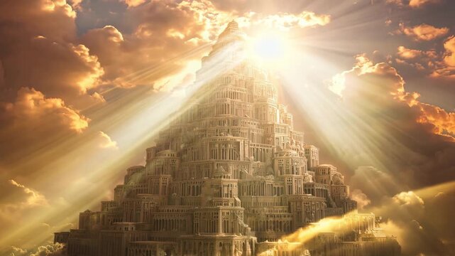 Pyramid shaped ancient town with intricate details illuminated by warm sunlight under a cloudy sky at sunset