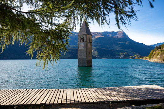Resia pass lake and the bell tower