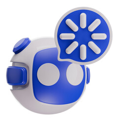 Abstract 3D Robot Head Icon with Blue Loading Spinner in Speech Bubble on Transparent Background for AI and Technology Concepts
