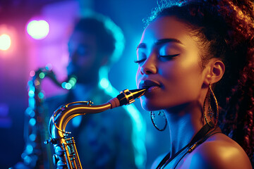Young african female musician playing saxophone on stage in vibrant lights