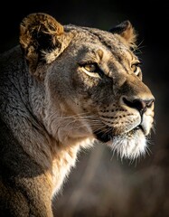 Fototapeta premium A majestic lioness gazes intently. Her golden fur and piercing eyes are highlighted against a blurred dark backdrop in portraiture