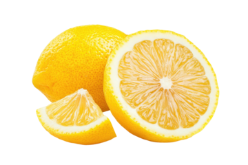 Yellow lemon, half slice, and quarter on a black background