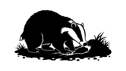 Badger foraging in dirt with transparent background