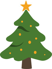 Cute rounded Christmas tree with yellow ornaments and star on top. Simple flat vector design perfect for festive cards, winter crafts, and seasonal decorations.