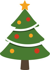 Decorated Christmas tree with colorful ornaments, lights, and bright star. Cheerful flat vector design great for holiday cards, festive invitations, and clipart sets.