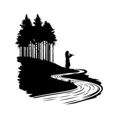 Lone hiker by river and forest with transparent background
