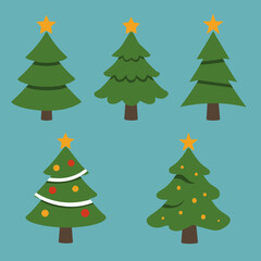 A festive collection of five different Christmas tree designs in flat vector style.