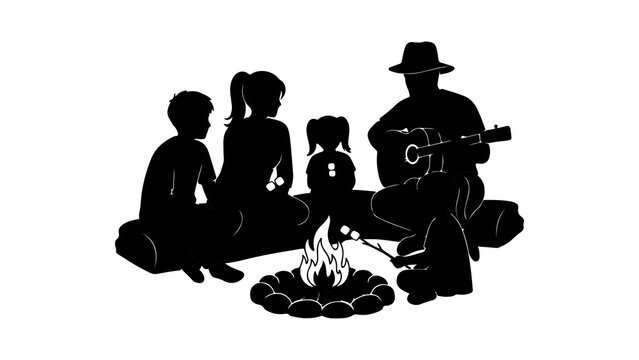 Family camping around a campfire with transparent background