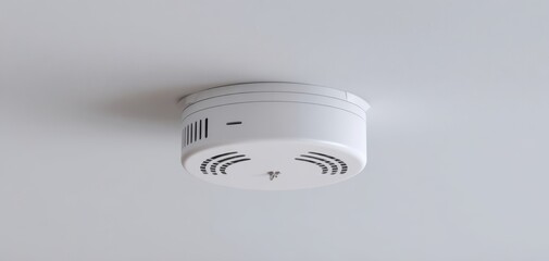 The smoke detector mounted on a white ceiling in a modern interior setting