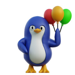 Cute Blue Penguin Character Holding Red Orange and Green Balloons Transparent Background Fun Celebration Joyful Animation