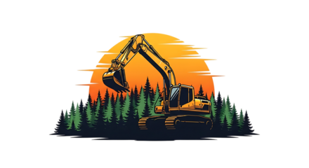 Illustration of an excavator silhouetted against a vibrant sunset, rising above a dense forest, symbolizing nature and industry working together in harmony on transparent background