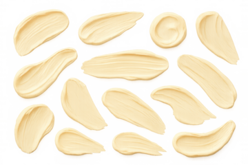 Cream swatches and cosmetic smears illustrating skin care product samples for beauty and makeup concepts