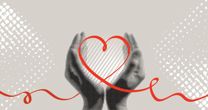 Halftone hands red holding heart drawn one line. Valentines day greeting card. Concept of love, charity, hope. World heart day banner
