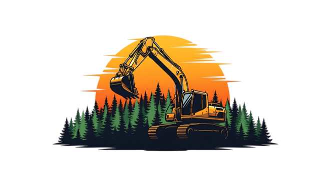 Illustration of an excavator silhouetted against a vibrant sunset, rising above a dense forest, symbolizing nature and industry working together in harmony on transparent background