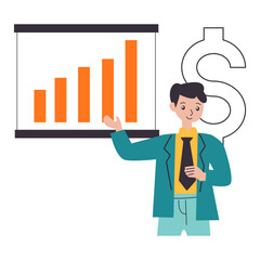 Business Man Presenting Financial Growth Chart With Dollar Symbol Illustration On White Background