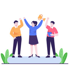 Obraz premium Diverse Business Team Celebrates Triumph Holding Trophy with Arms Raised High in Joyful Victory Pose Against Transparent Background Plants Embellish Base in Flat Illustration Style