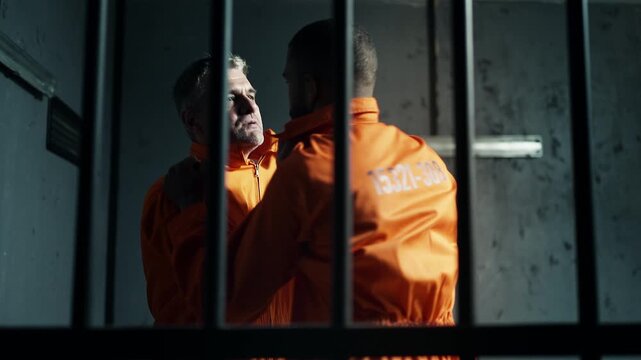 Angry inmates in orange jumpsuits fighting behind bars, prison crime, violence