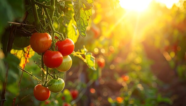 Vibrant cluster of ripening tomatoes bathed in warm sunlight, growing on lush green vines