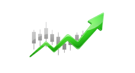 3d icon of green arrow pointing upwards with stock chart isolated on transparent background, representing business growth and success