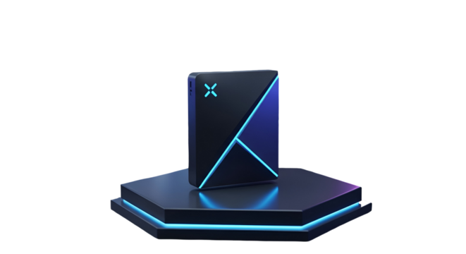3d icon of modern black box with blue light on a pedestal isolated on transparent background, representing technology and innovation