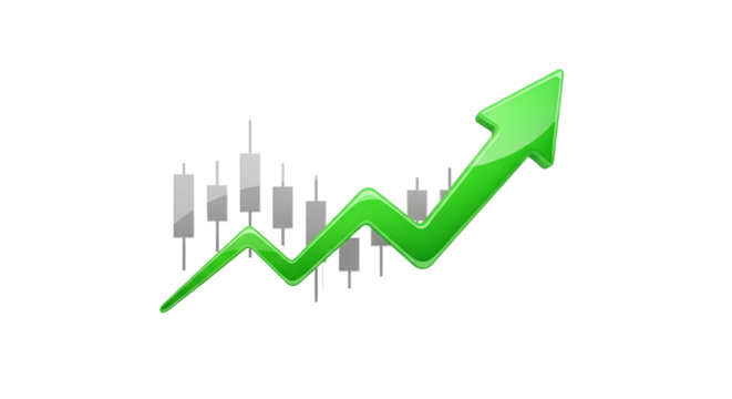 3d icon of green arrow pointing upwards with stock chart isolated on transparent background, representing business growth and success