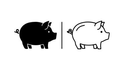 Pig icons with outline and solid fill with transparent background
