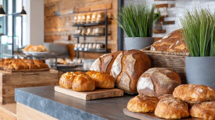 Interior of a Cozy Bakery Featuring Freshly Baked Bread and Pastries with Greenery Decor