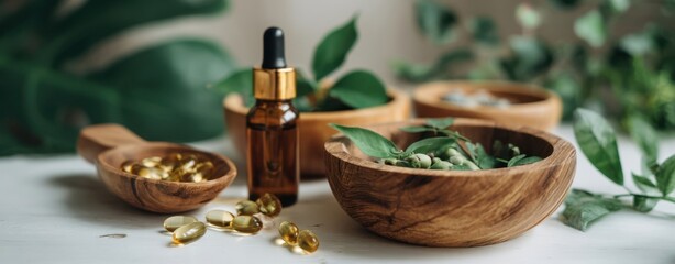 The wooden bowl of fresh herbs with essential oil bottle and supplement capsules