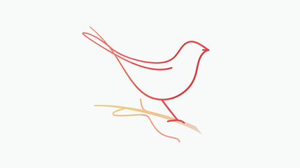A minimalist, stylized red bird perches on a thin, abstract branch
