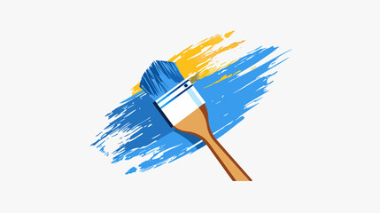 A paintbrush applies bold blue and yellow strokes on a white background