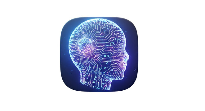 3d icon of artificial intelligence concept showing a human head with circuit patterns isolated on transparent background